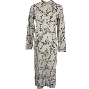 M&S Collection Snakeskin Long Sleeve Midi Sheath Knit Dress Beige Mock Neck sz 8